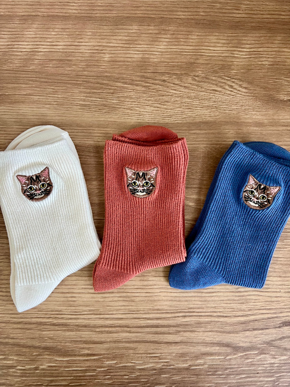 毛並まで感じるブリティッシュショートヘア猫さん刺繍の靴下 10枚目の画像
