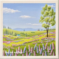 ネモフィラの丘」透明水彩画 原画 風景画 額縁付 SMサイズ 絵画 Oni