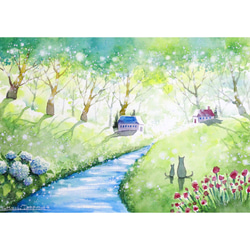 原画】庭園の風景（水彩画/額無し）☆送料無料 風景画 新緑 絵画