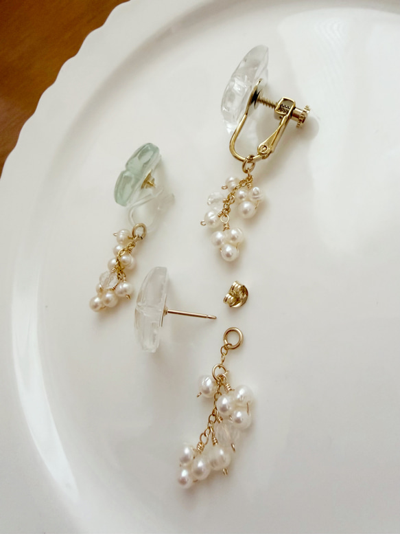 【カランコエの雫】14KGF カランコエカット水晶 アクアマリン スタッドピアス 7枚目の画像