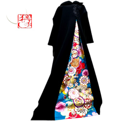 振袖 着物リメイク ドレス 和柄 ワンピース 黒×花籠や牡丹や菊