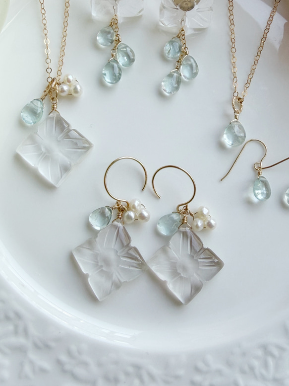 【カランコエの雫】14KGF カランコエカット水晶 アクアマリン ピアス 8枚目の画像