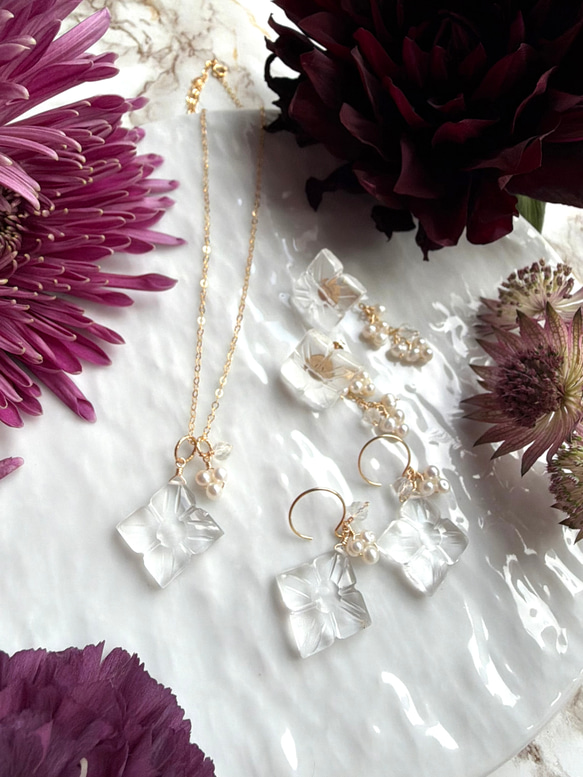 【カランコエの雫】14KGF カランコエカット水晶 アクアマリン ピアス 10枚目の画像