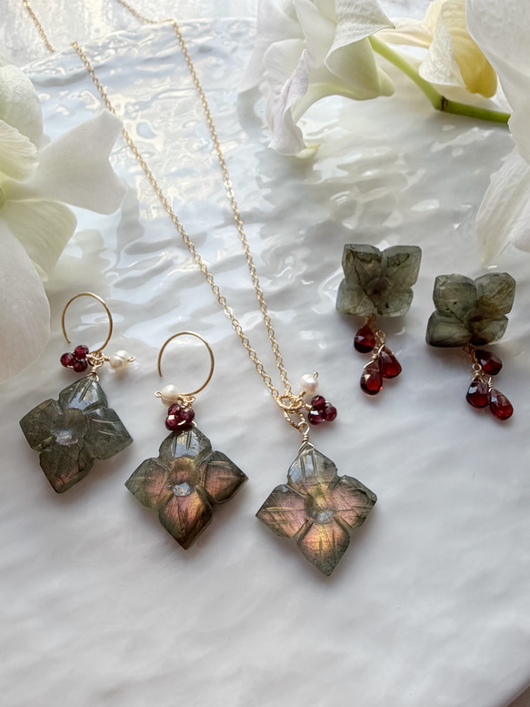 【カランコエの雫】14KGF カランコエカット水晶 アクアマリン ピアス 9枚目の画像