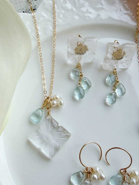 【カランコエの雫】14KGF カランコエカット水晶 アクアマリン ネックレス 7枚目の画像