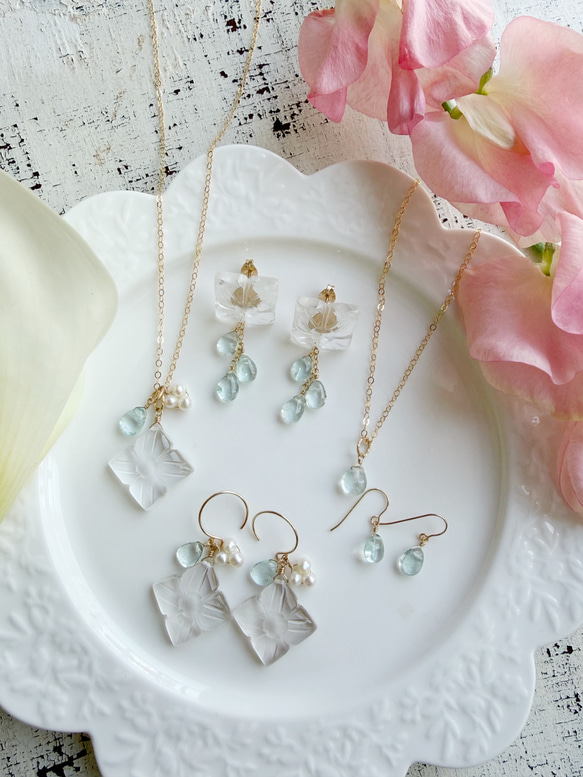 【カランコエの雫】14KGF アクアマリン ペアシェイプ ピアス 7枚目の画像