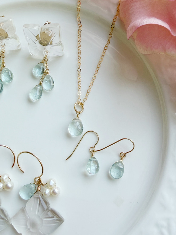 【カランコエの雫】14KGF アクアマリン ペアシェイプ ピアス 8枚目の画像