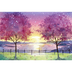 原画】空を染める夕日（水彩画）送料無料☆夕日 猫 ミニ絵画 #2936b