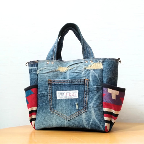 №846【DENIM✖️サイドポケット付きトートバッグ⚮̈♥】デニムリメイク