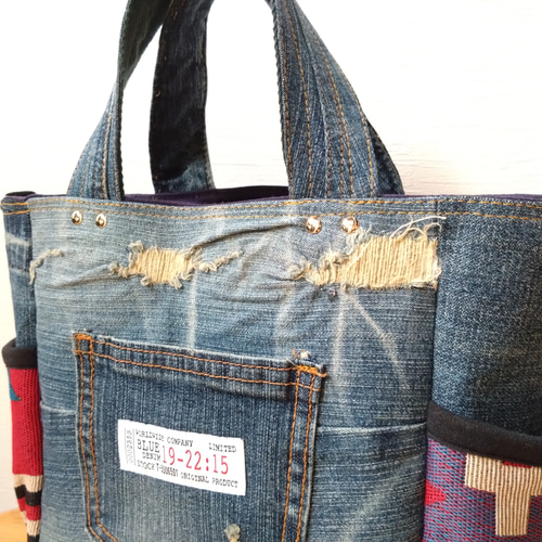 №846【DENIM✖️サイドポケット付きトートバッグ⚮̈♥】デニムリメイク