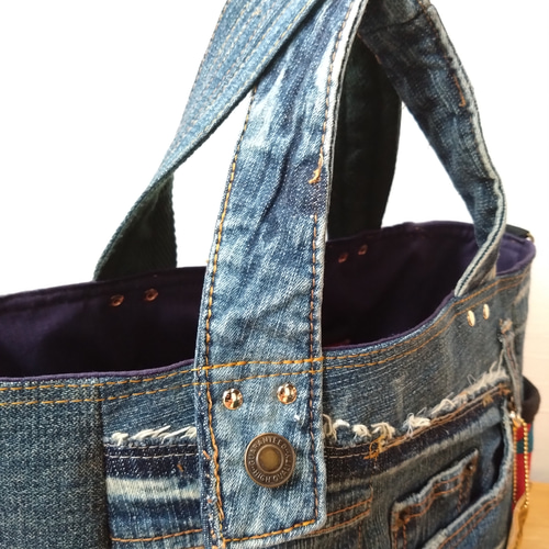 №846【DENIM✖️サイドポケット付きトートバッグ⚮̈♥】デニムリメイク