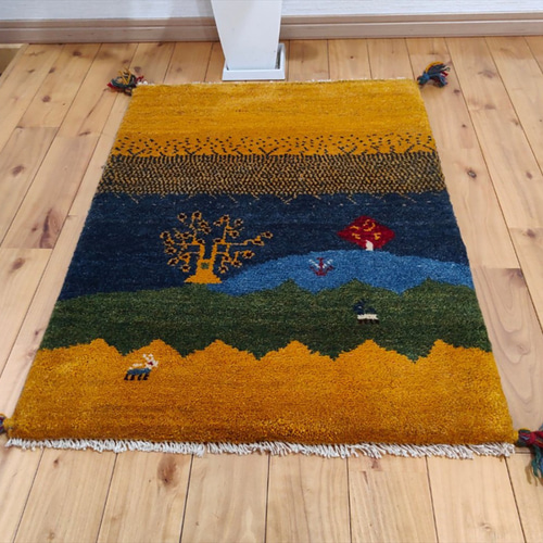 ペルシャ ギャッベ 玄関マット ラグ 85x62cm 黄金色 風景 生命の木