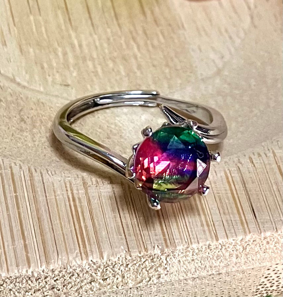 ダブレットクリスタル ☆ビビッドカラー ピンク×グリーン フリーサイズリング 天然石 指輪 5枚目の画像