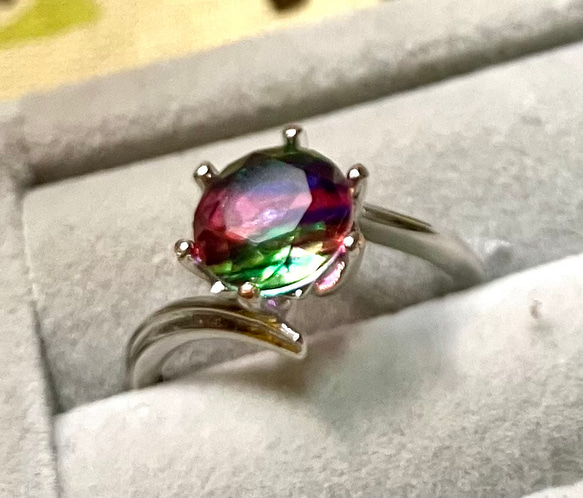 ダブレットクリスタル ☆ビビッドカラー ピンク×グリーン フリーサイズリング 天然石 指輪 15枚目の画像