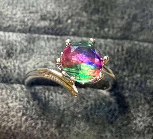 ダブレットクリスタル ☆ビビッドカラー ピンク×グリーン フリーサイズリング 天然石 指輪 14枚目の画像