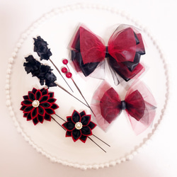 つまみ細工　リボン　髪飾り　成人式髪飾り　卒業式髪飾り　結婚式髪飾り　赤　黒　ヘアアクセサリー　つまみ細工髪飾り　着物 3枚目の画像