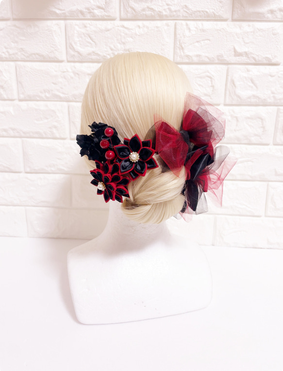 つまみ細工　リボン　髪飾り　成人式髪飾り　卒業式髪飾り　結婚式髪飾り　赤　黒　ヘアアクセサリー　つまみ細工髪飾り　着物 2枚目の画像