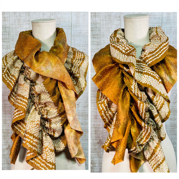 着物リメイク＊黄土色正絹綸子＆鹿の子絞りグラデーションふわふわ＆ひらひらギャザーストール 1枚目の画像