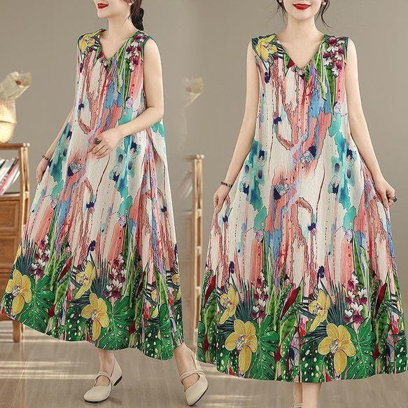 大きいサイズ 新品 春夏 ワンピース 花柄 ノースリーブ Vネック ロング＠ 1枚目の画像