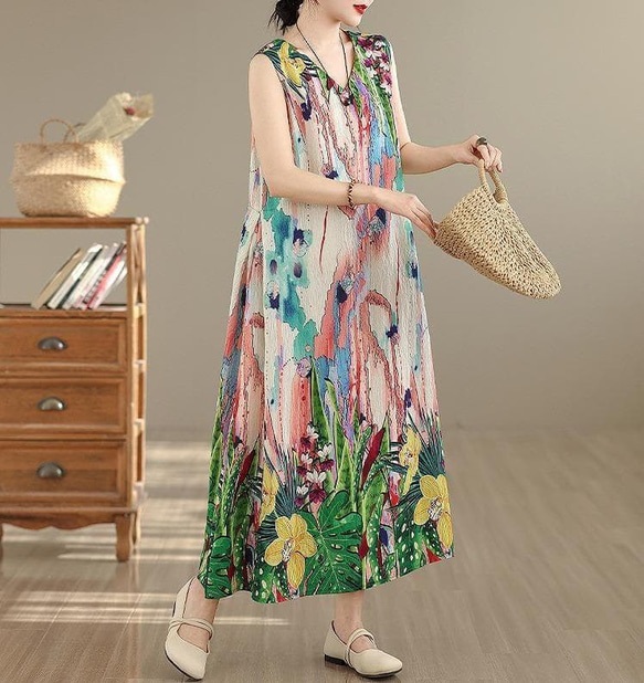 大きいサイズ 新品 春夏 ワンピース 花柄 ノースリーブ Vネック ロング＠ 5枚目の画像