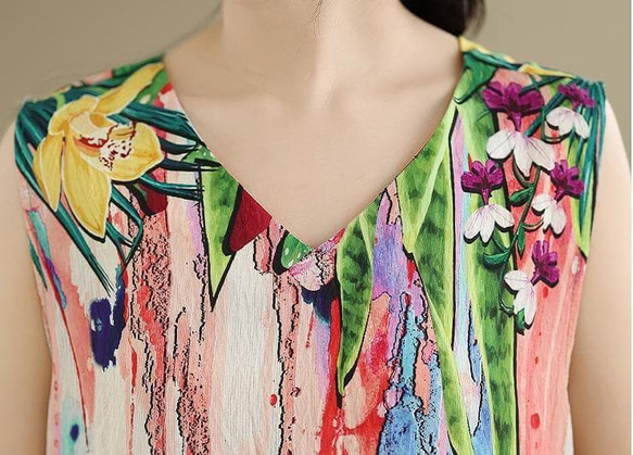 大きいサイズ 新品 春夏 ワンピース 花柄 ノースリーブ Vネック ロング＠ 7枚目の画像