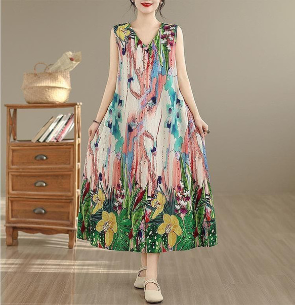 大きいサイズ 新品 春夏 ワンピース 花柄 ノースリーブ Vネック ロング＠ 2枚目の画像