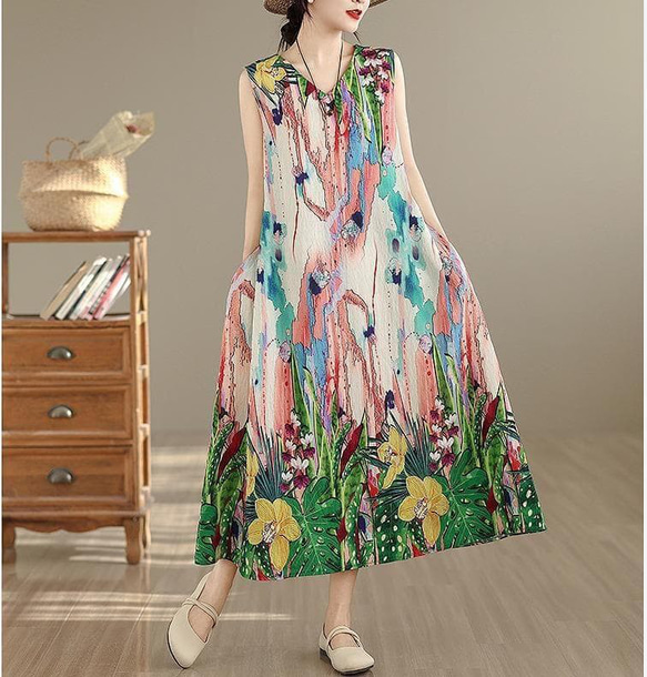 大きいサイズ 新品 春夏 ワンピース 花柄 ノースリーブ Vネック ロング＠ 4枚目の画像