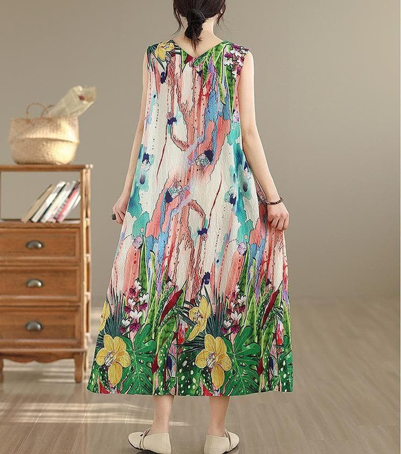 大きいサイズ 新品 春夏 ワンピース 花柄 ノースリーブ Vネック ロング＠ 3枚目の画像