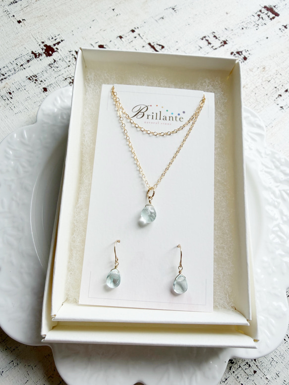 14KGF アクアマリン ピアス＆ネックレスセット 1枚目の画像