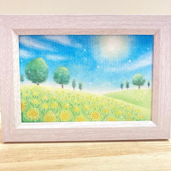 パステル画 風景画 木製フレームなし色紙サイズ 直筆 風景画 たんぽぽの花畑と青空 パステルアート 絵画 春 原画