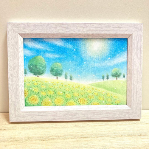 パステル画　風景画 直筆 風景画 たんぽぽの花畑と青空 パステルアート 絵画 春 原画