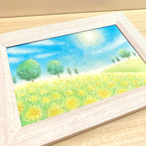 直筆 風景画 たんぽぽの花畑と青空 パステルアート 絵画 春 原画