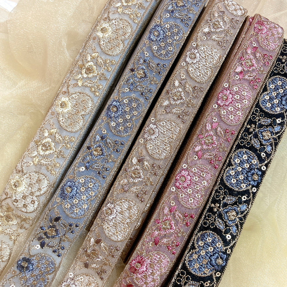 幅約3cm】50cm チュール インド刺繍リボン ハート ブルー ベージュ