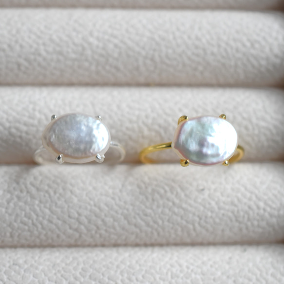 春季新品【低致敏性】銀色和醫用級不銹鋼大號淡水珍珠橢圓形戒指 第5張的照片