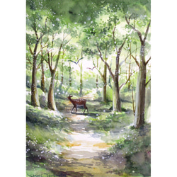 原画】庭園の風景（水彩画/額無し）☆送料無料 風景画 新緑 絵画