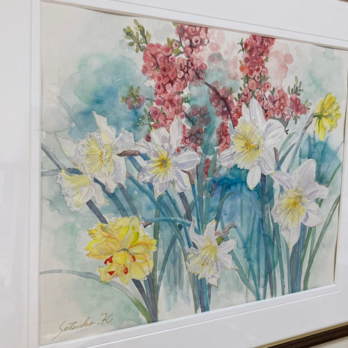 水彩画 原画 ラッパ水仙とボケ「Ladies of spring」透明水彩 F6 絵画