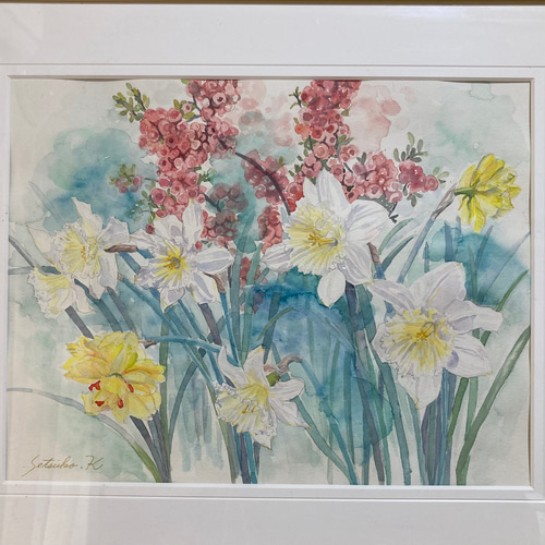 グラスアート 水仙 水彩画 原画 ラッパ水仙とボケ「Ladies of spring」透明水彩 F6 絵画