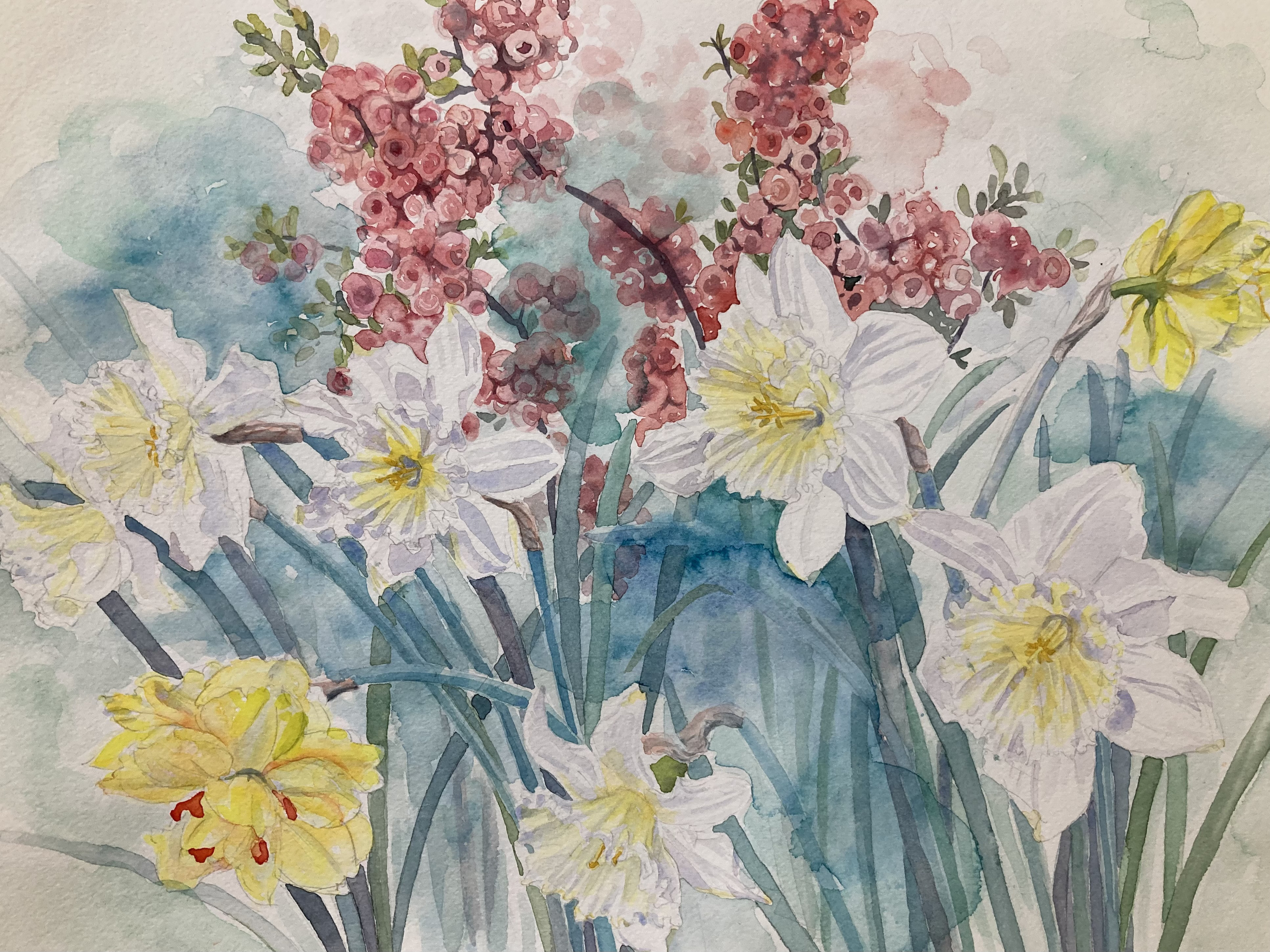 アジサイと水仙の水彩画セット 水彩画 原画 ラッパ水仙とボケ「Ladies of spring」透明水彩 F6 絵画