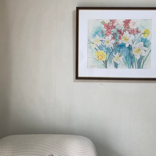 水彩画 原画 ラッパ水仙とボケ「Ladies of spring」透明水彩 F6 絵画