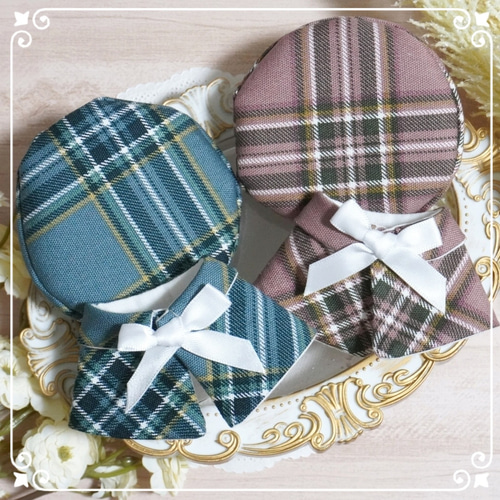 10cm〜12cmぬい服 春色チェックのケープ(ベレー帽追加可能) ぬいぐるみ