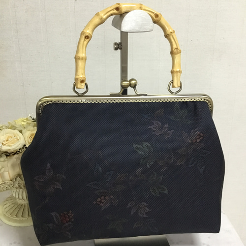 大島紬 カトレアの花 リメイク 胡桃皮ハンドルバッグ 花ぷらら・春のお出かけ・オリジナル・洋服でも着物でも使える・大島紬