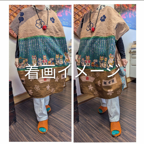 手ぬぐい色々柿渋染めコクーンチュニック 手ぬぐいリメイク チュニック