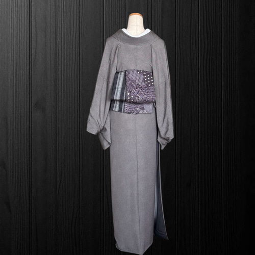着物反物* 茶紫絞り小紋と黒灰縞柄紬 大人の兵児帯 半幅帯 長尺470cm
