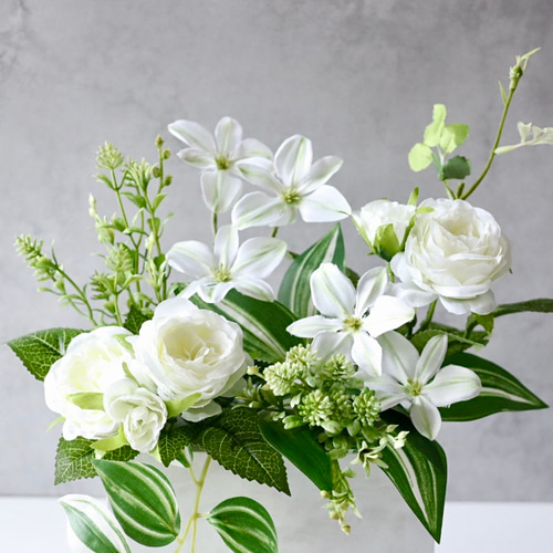 白グリーン フェイクフラワー ボックスアレンジ 白花 造花 花
