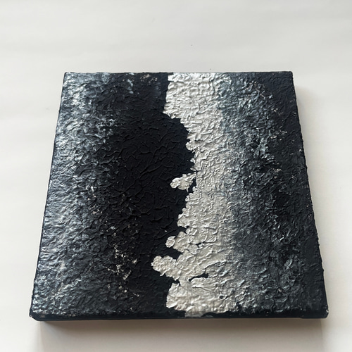 重厚感 銀と黒のモダンテクスチャーアート 15cm｜抽象画 インテリア