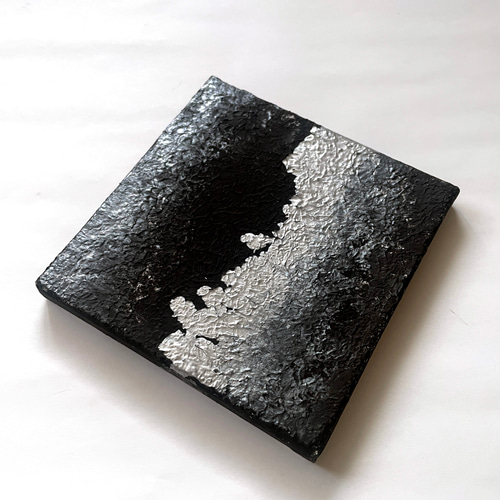 重厚感 銀と黒のモダンテクスチャーアート 15cm｜抽象画 インテリア