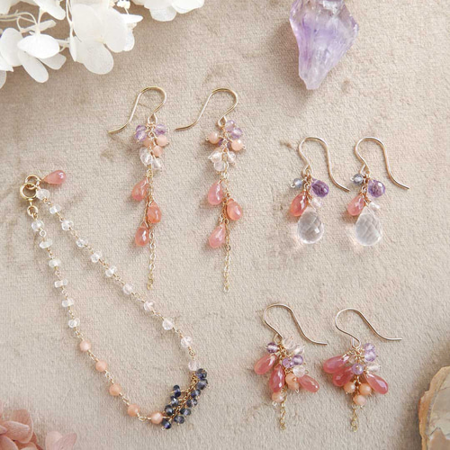 ローズクォーツと春暮色天然石のピアス/イヤリング 14kgf ピアス