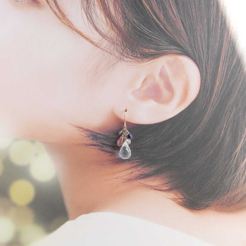 ローズクォーツと春暮色天然石のピアス/イヤリング 14kgf ピアス