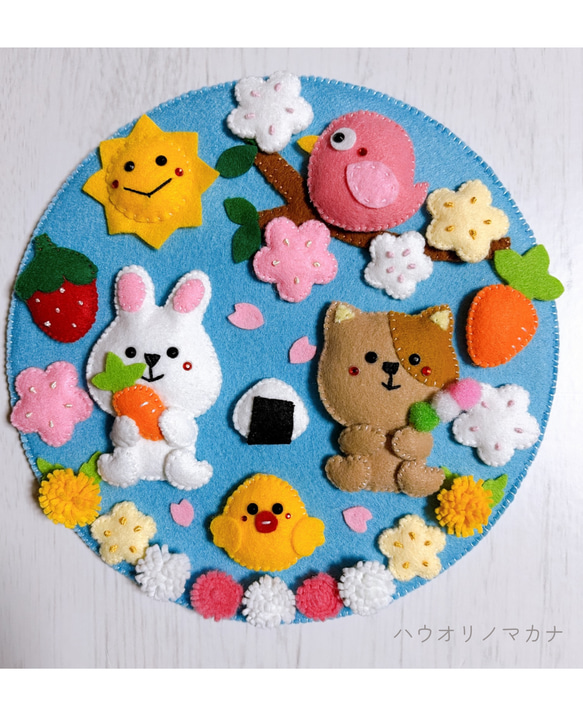 春のピクニックフェルトリース＊玄関飾り＊季節の壁飾り 約20cm リース