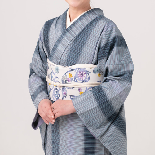 291号 半幅帯 高級京紅型 白 × 江戸小紋 寄せ柄 紫 正絹 リバーシブル